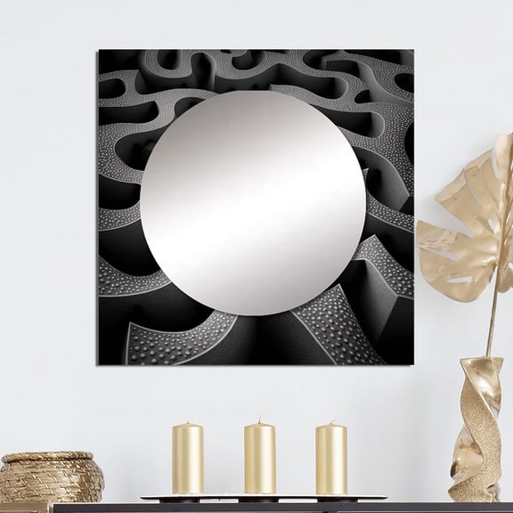 Designart "Into The Labyrinth Monochrome Maze II" Modern Geometric Square Mirror For Wall Decor - Large Black Square Printed Wall Mirror Art - Square Modern Mirror - Wall Mounted Square Large Mirror