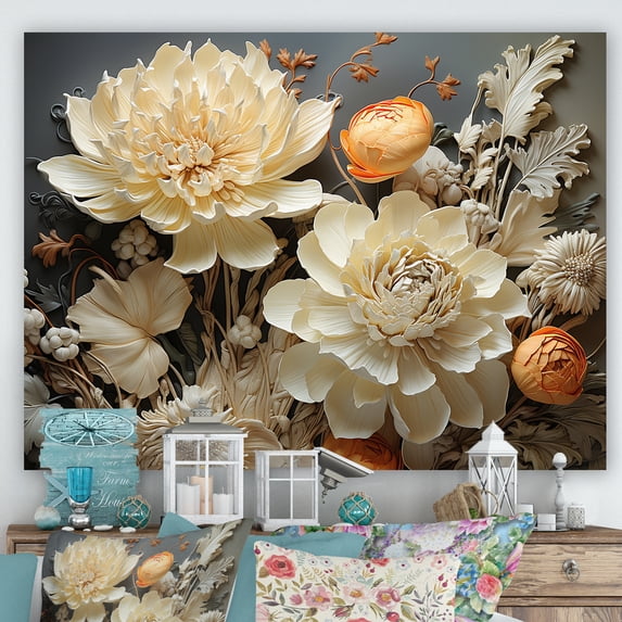 Designart "Intricate Ivory Florals" Flowers Canvas Prints