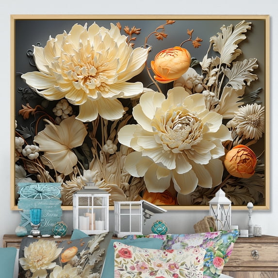 Designart "Intricate Ivory Florals" Flowers Floater Framed Canvas Prints