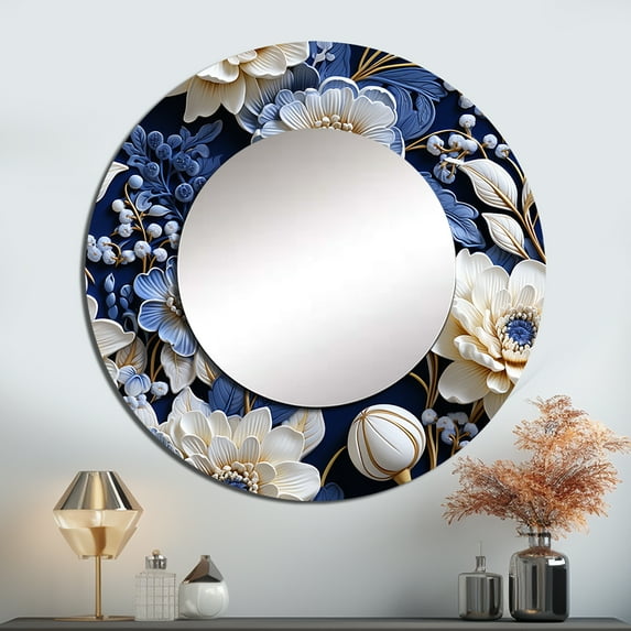Designart "Intricate Lace In Cobalt Blue II" Floral Rund Mirror For Wall Decor - Large Blue Round Printed Mirror -Cottage Round Living Room Mirror - 23" x 23"