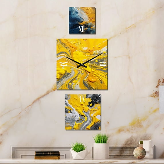 Designart "Intuitive Expressions in Blue and Yellow II" Abstract Print Oversized Wall Clock - Set Of 3 - Multipanel Contemporary Clock For Living Room Décor - Large Vertical Clock
