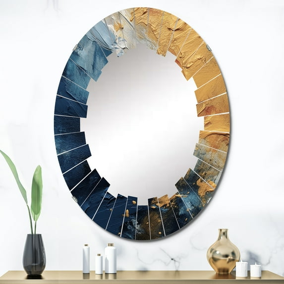 Designart "Intuitive Expressions in Blue and Yellow II" Abstract Round Wall Mirror - Modern Oval Printed Decorative Oversized Mirror - Multiple Color Options