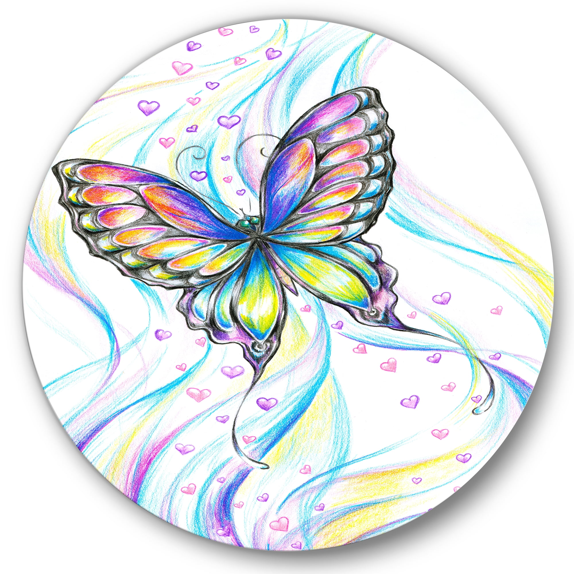 Designart 'Iridiscent Colorful Butterfly' Traditional Circle Metal Wall Art 36x36 - Disc of 36