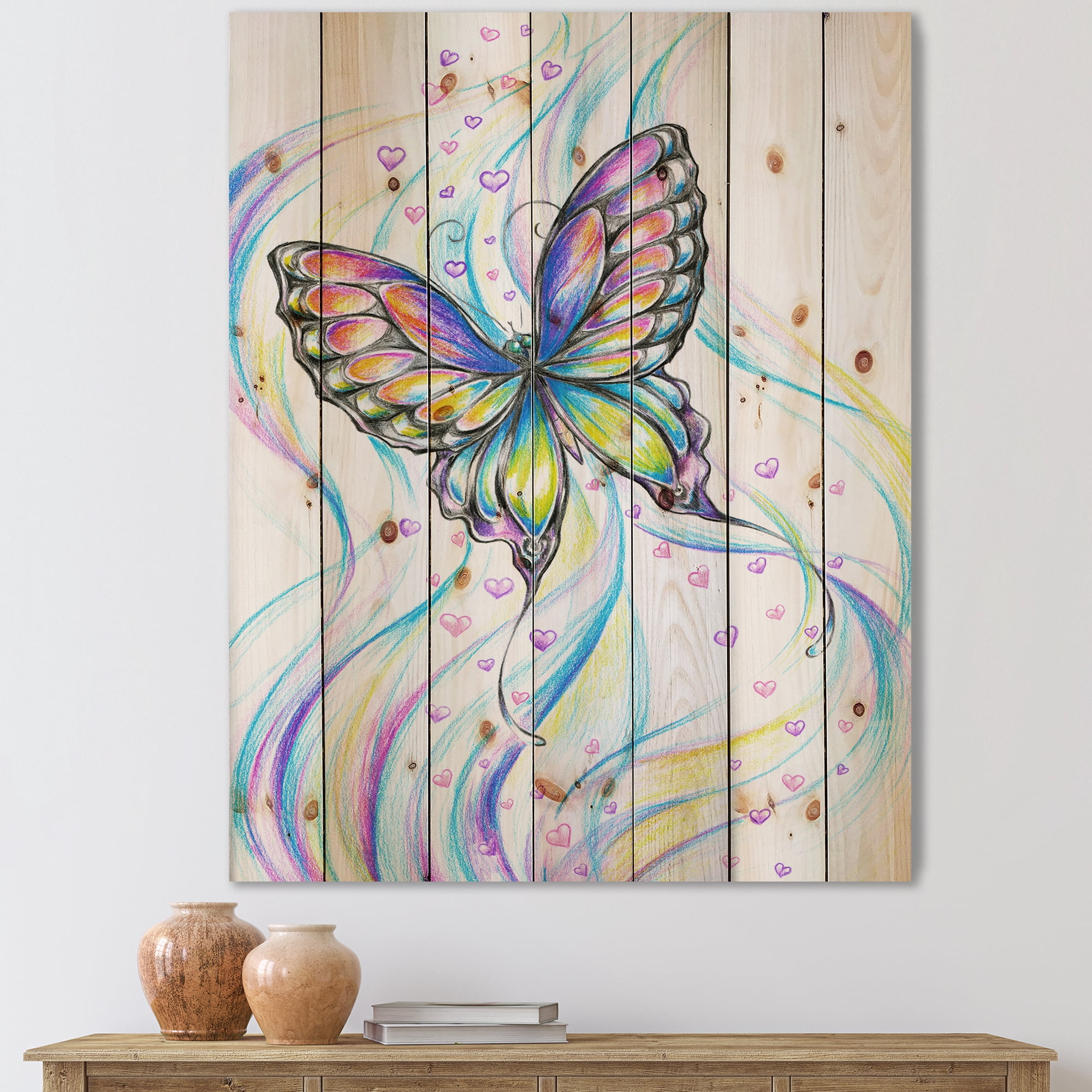 Designart 'Iridiscent Colorful Butterfly' Traditional Print on Natural Pine Wood
