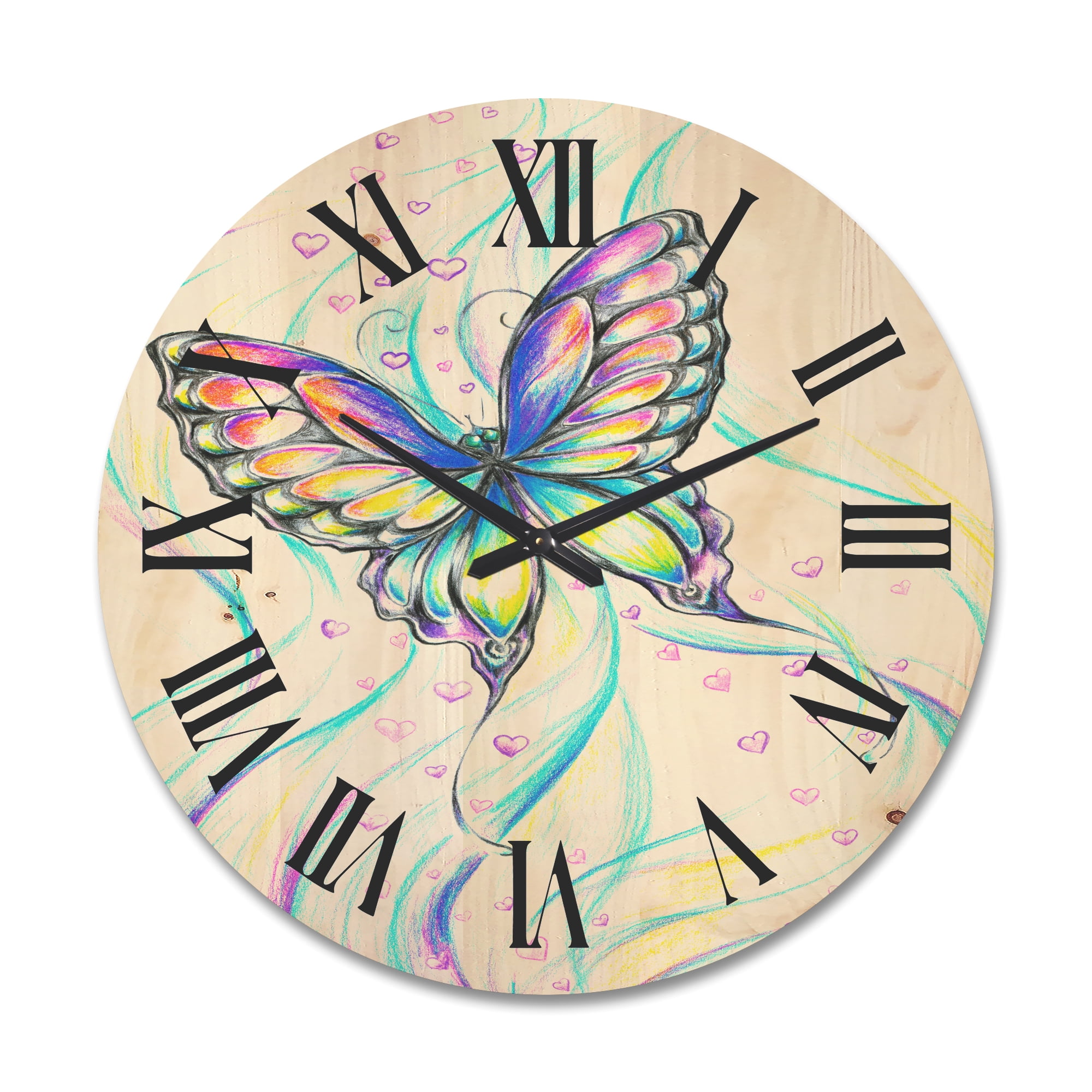 Designart 'Iridiscent Colorful Butterfly' Traditional Wood Wall Clock