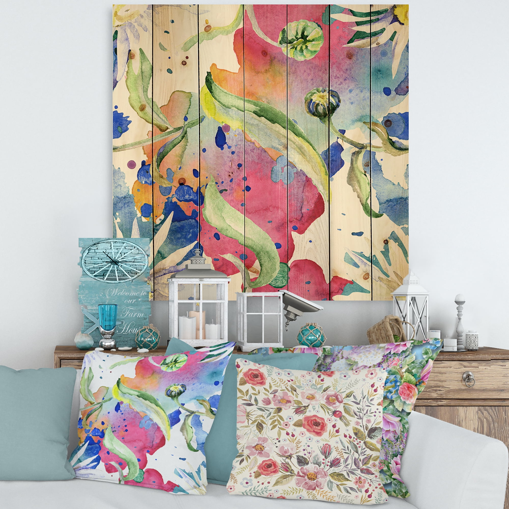 Designart 'Iridiscent Colorful Daisy Flowers' Transitional Print on Natural Pine Wood