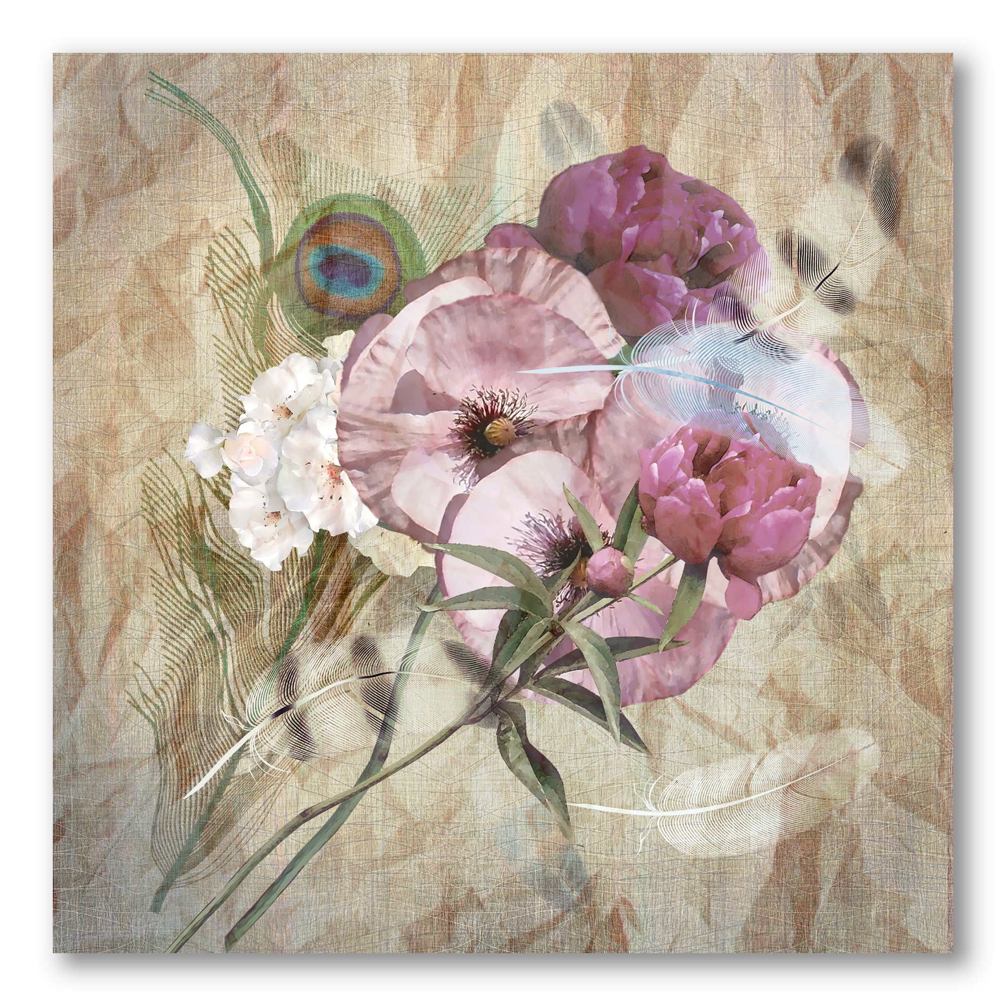 Designart ' Iris Bouquet Floral Design With Peacock Feather ' Traditional Canvas Wall Art Print