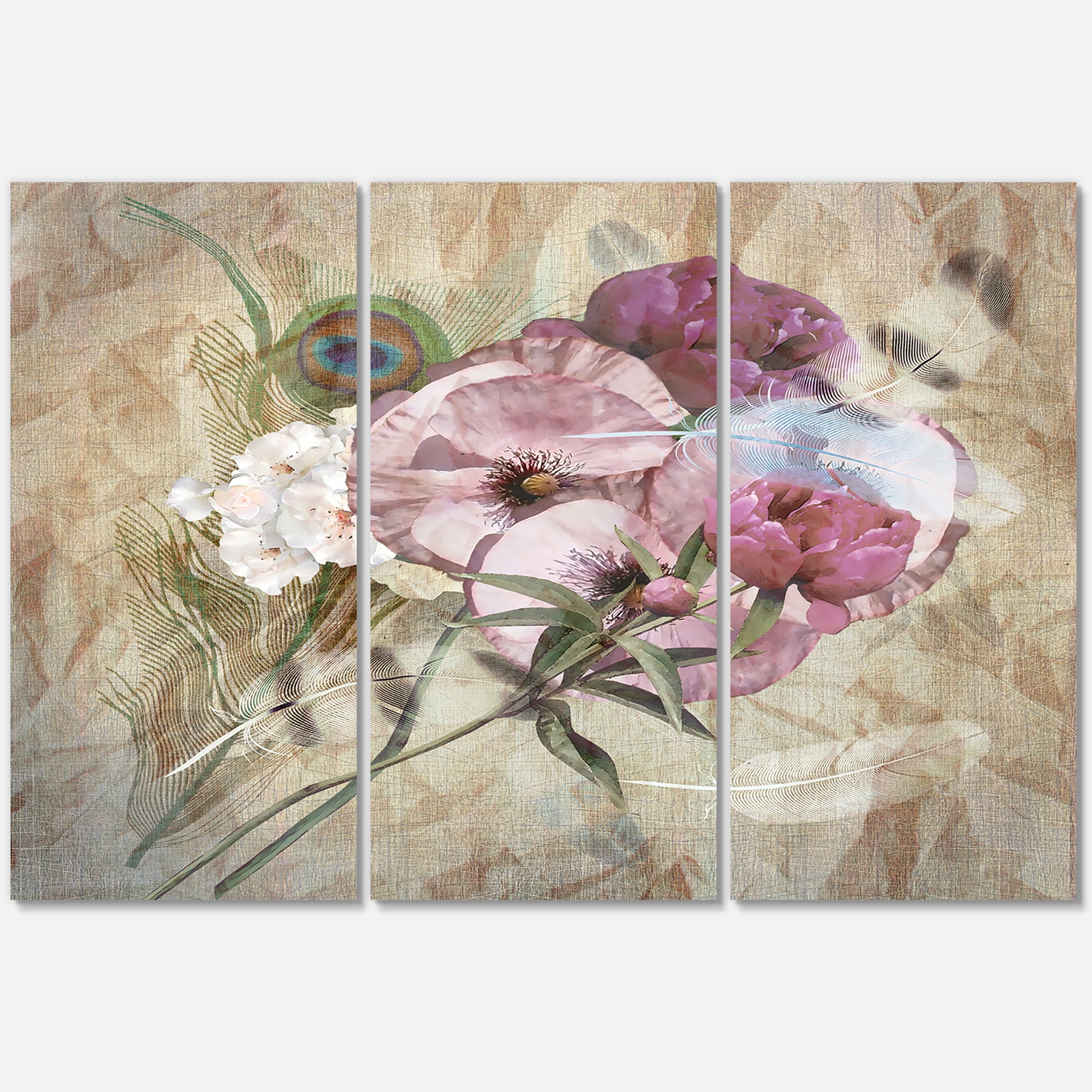 Designart ' Iris Bouquet Floral Design With Peacock Feather ' Traditional Canvas Wall Art Print