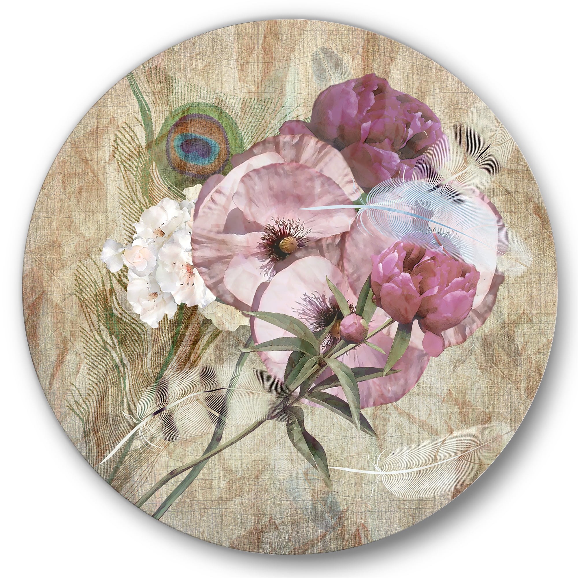 Designart 'Iris Bouquet Floral Design With Peacock Feather' Traditional Circle Metal Wall Art 11x11 - Disc of 11