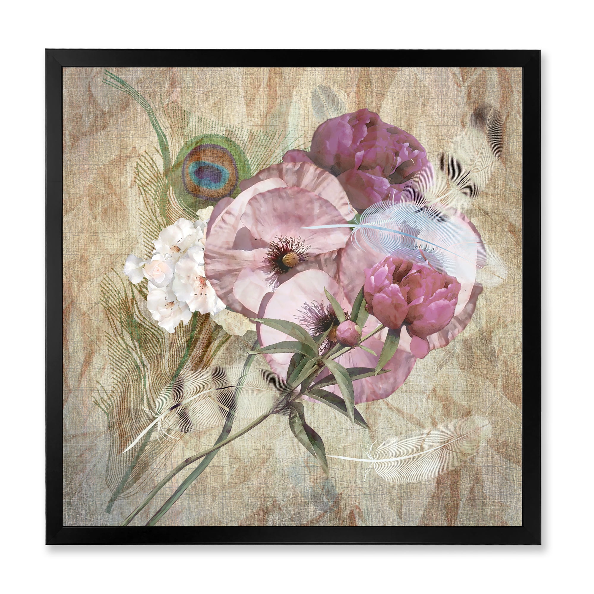 Designart 'Iris Bouquet Floral Design With Peacock Feather' Traditional Framed Art Print