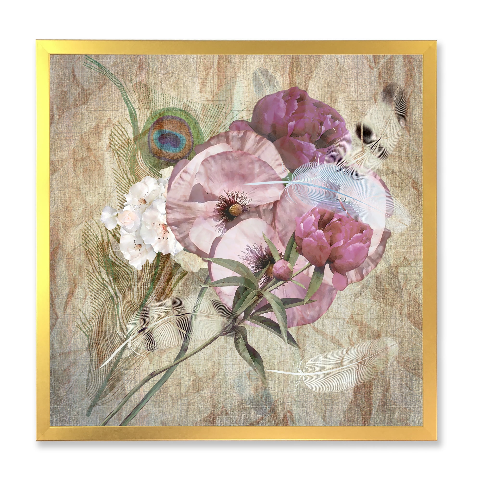 Designart 'Iris Bouquet Floral Design With Peacock Feather' Traditional Framed Art Print