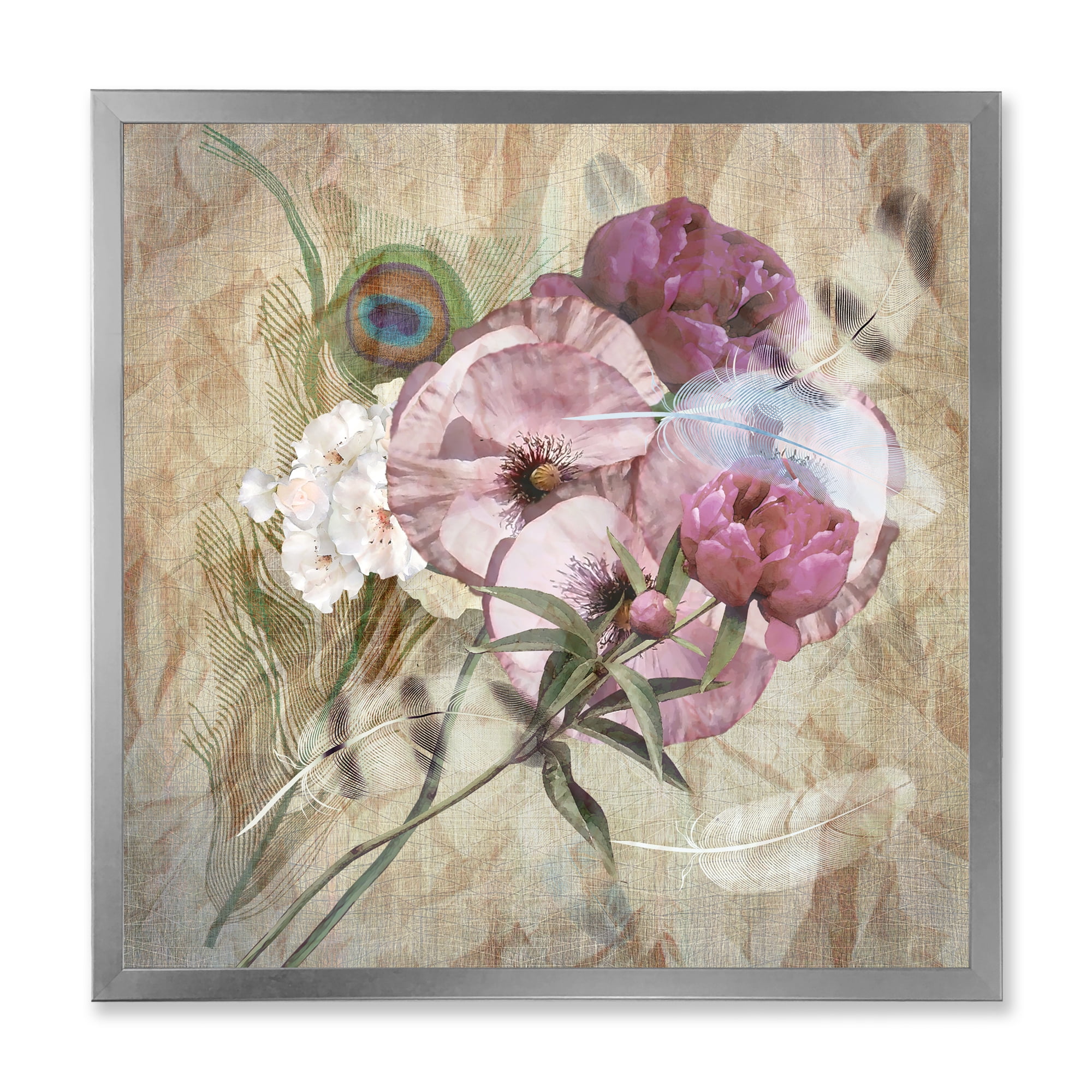 Designart 'Iris Bouquet Floral Design With Peacock Feather' Traditional Framed Art Print
