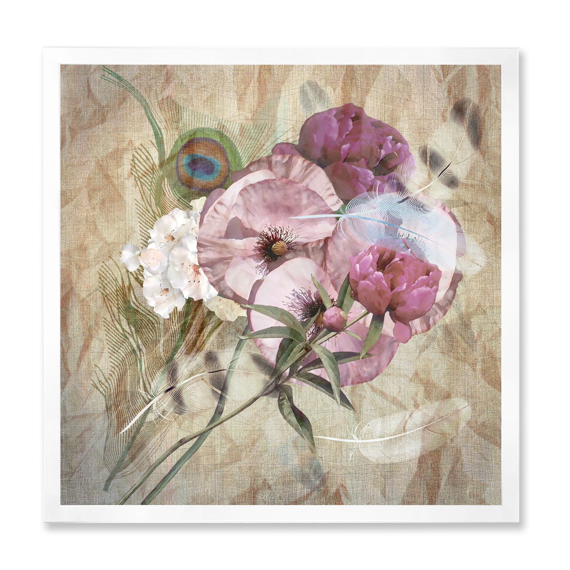 Designart 'Iris Bouquet Floral Design With Peacock Feather' Traditional Framed Art Print
