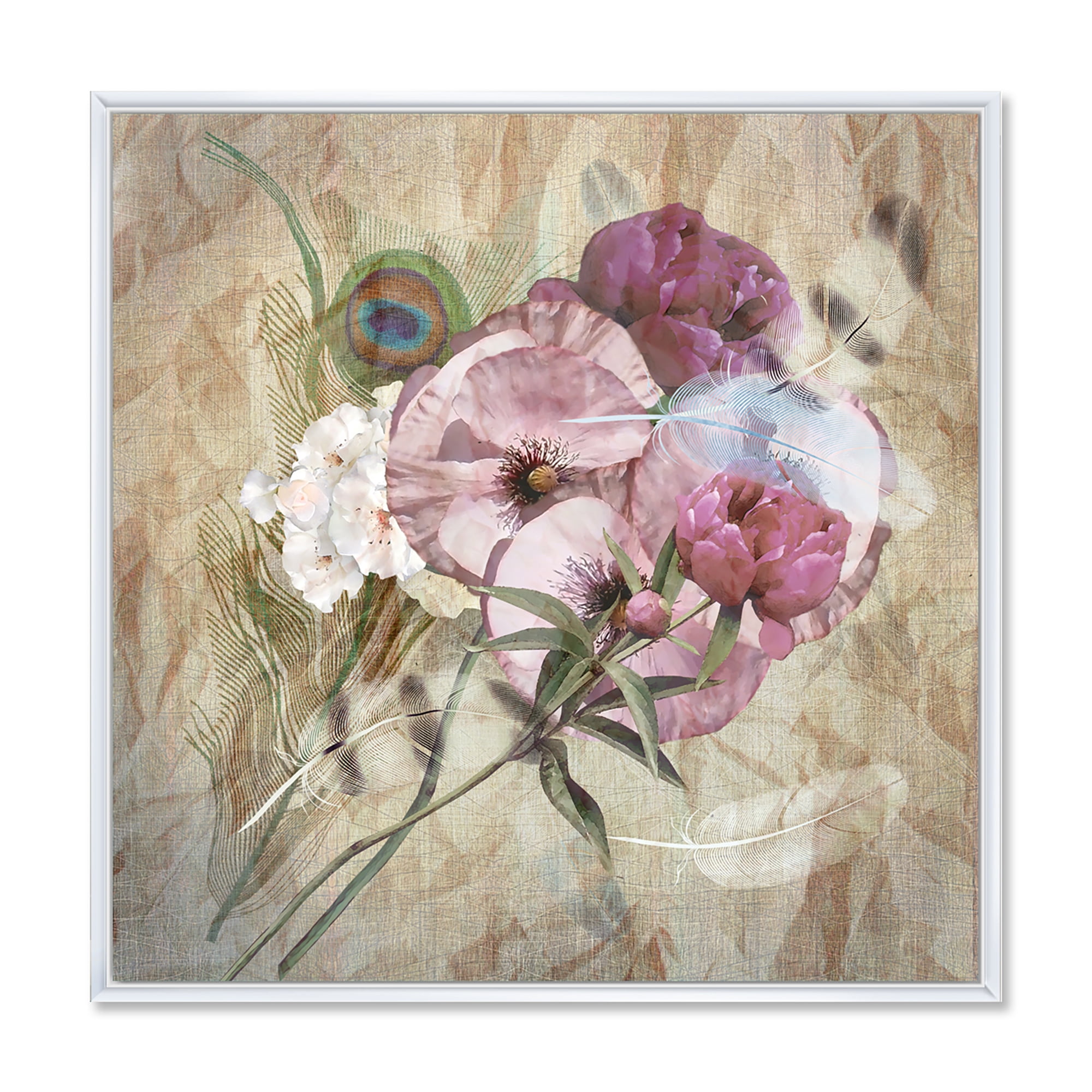 Designart 'Iris Bouquet Floral Design With Peacock Feather' Traditional Framed Canvas Wall Art Print