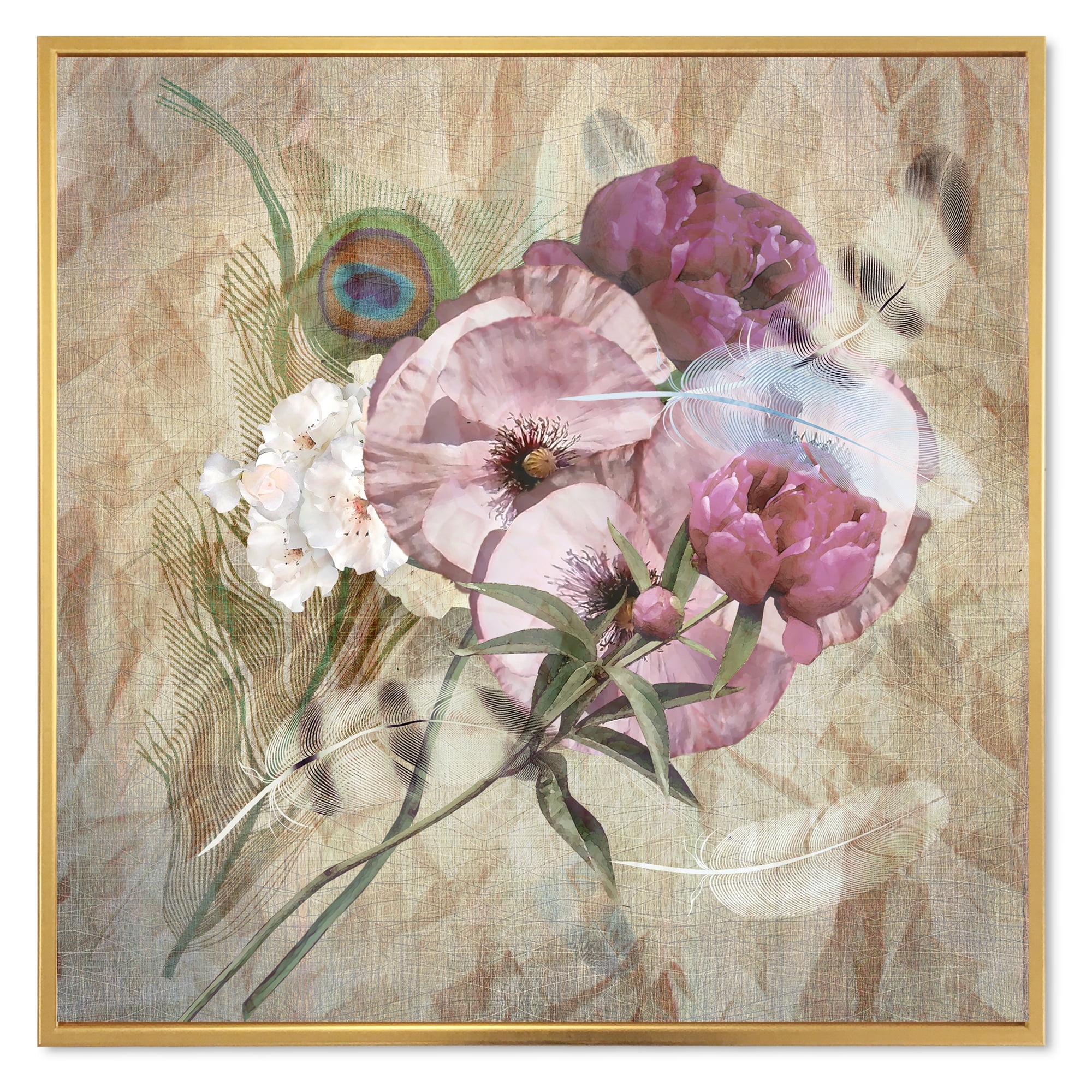Designart 'Iris Bouquet Floral Design With Peacock Feather' Traditional Framed Canvas Wall Art Print