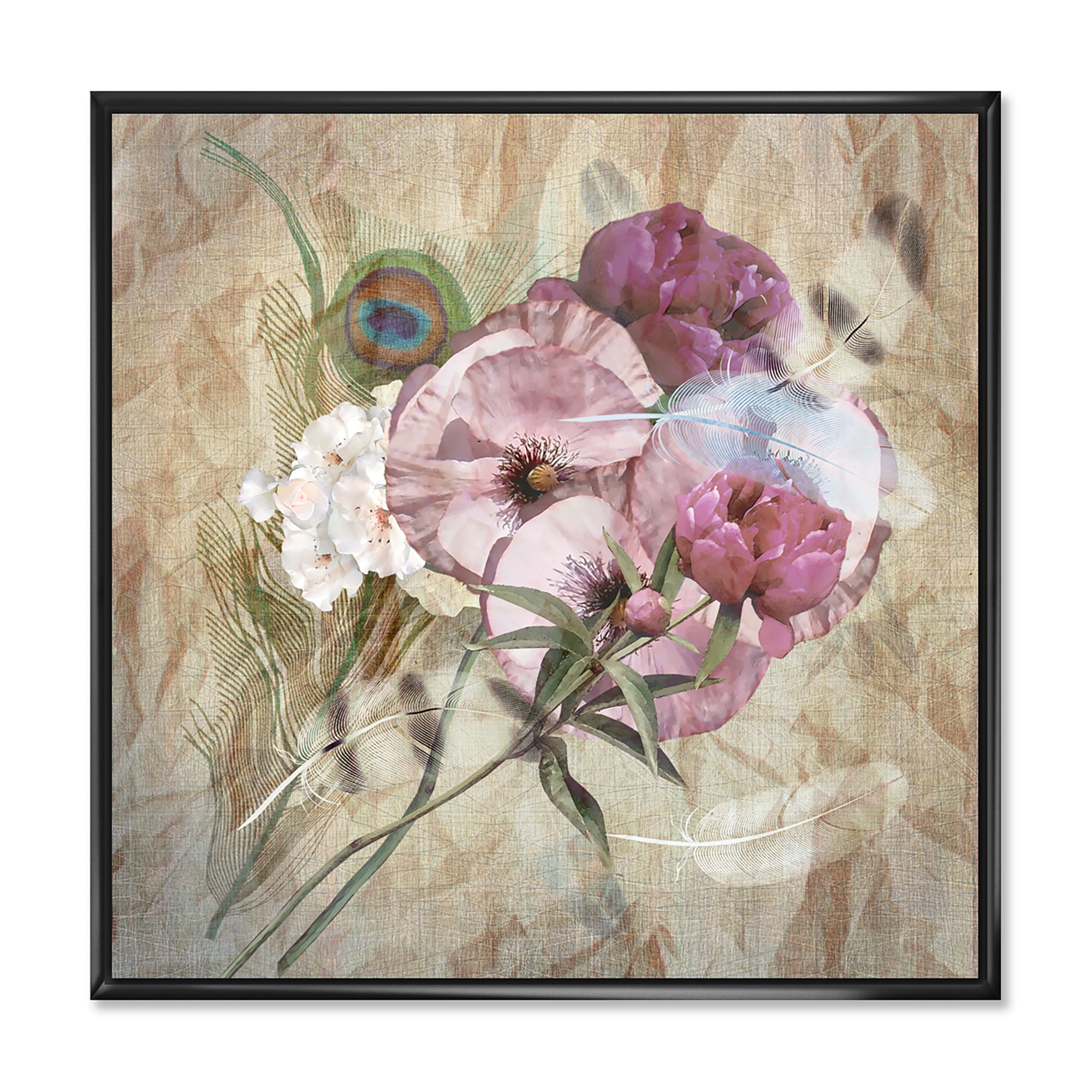 Designart 'Iris Bouquet Floral Design With Peacock Feather' Traditional Framed Canvas Wall Art Print