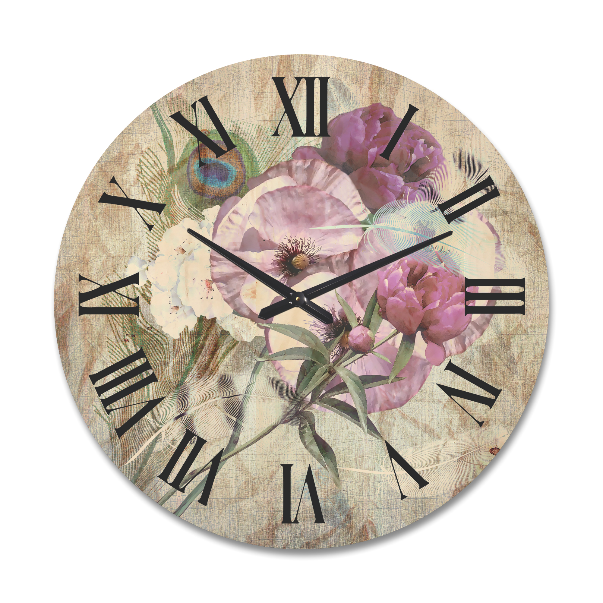 Designart 'Iris Bouquet Floral Design With Peacock Feather' Traditional Wood Wall Clock