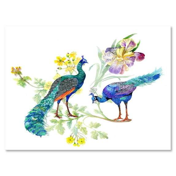 Designart ' Iris Flowers and Peacocks ' Traditional Canvas Wall Art Print