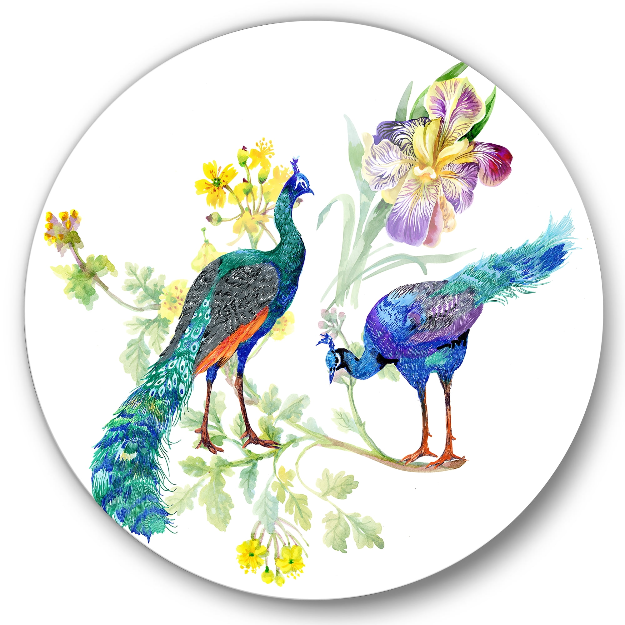 Designart 'Iris Flowers and Peacocks' Traditional Circle Metal Wall Art 36x36 - Disc of 36