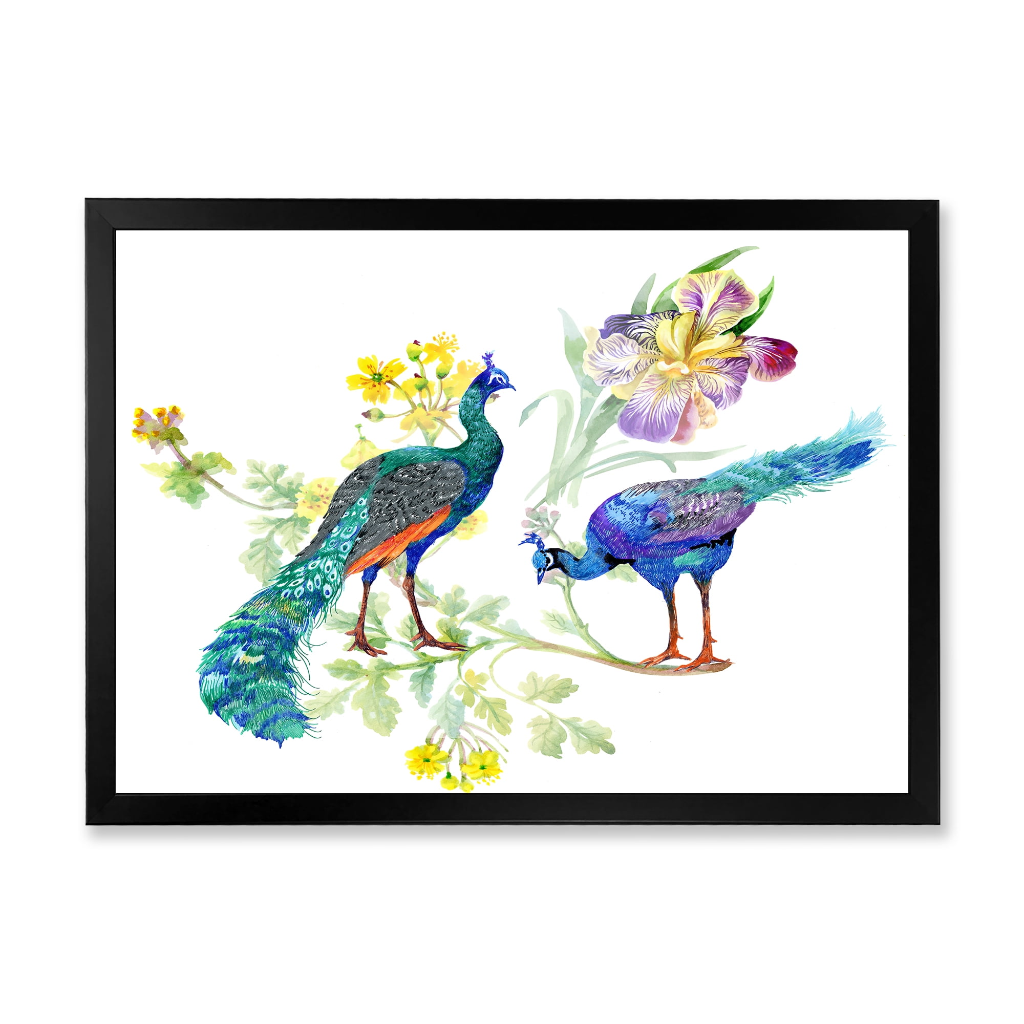 Designart 'Iris Flowers and Peacocks' Traditional Framed Art Print