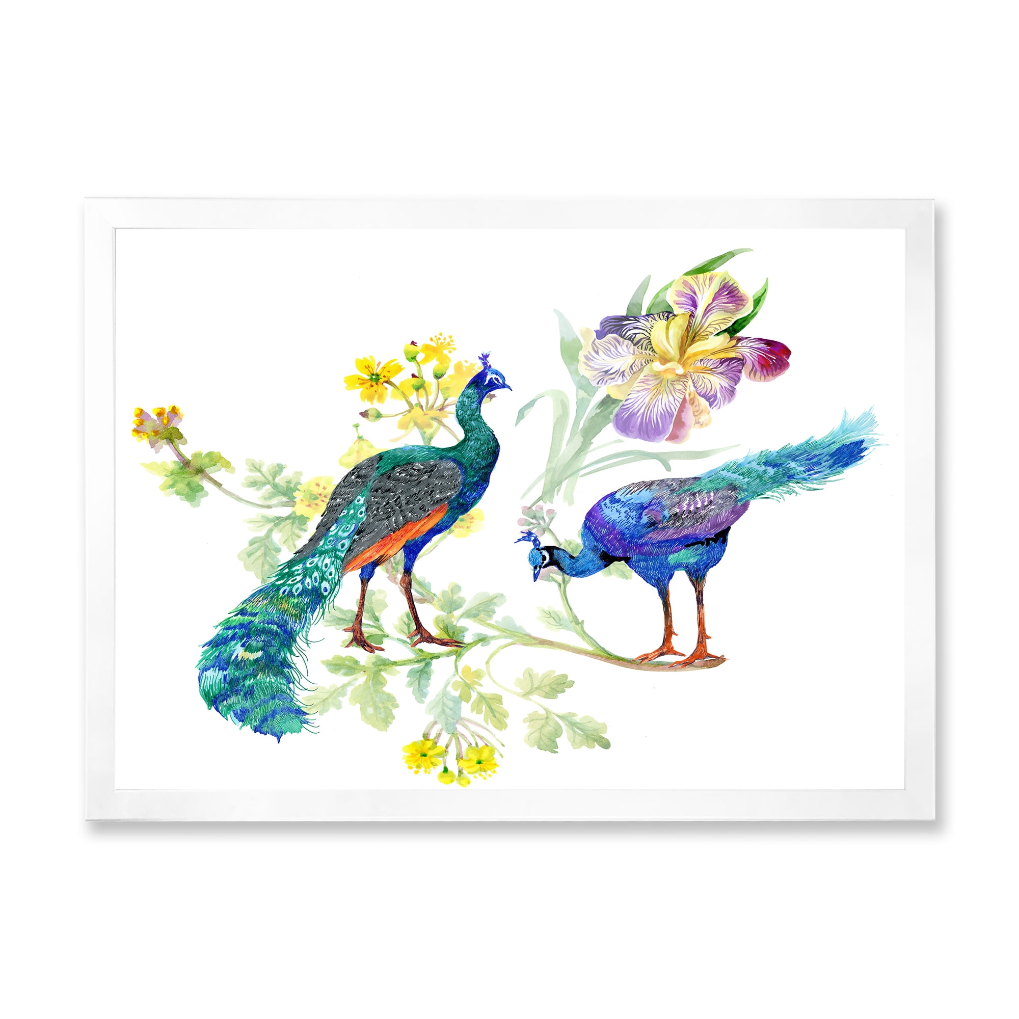 Designart 'Iris Flowers and Peacocks' Traditional Framed Art Print