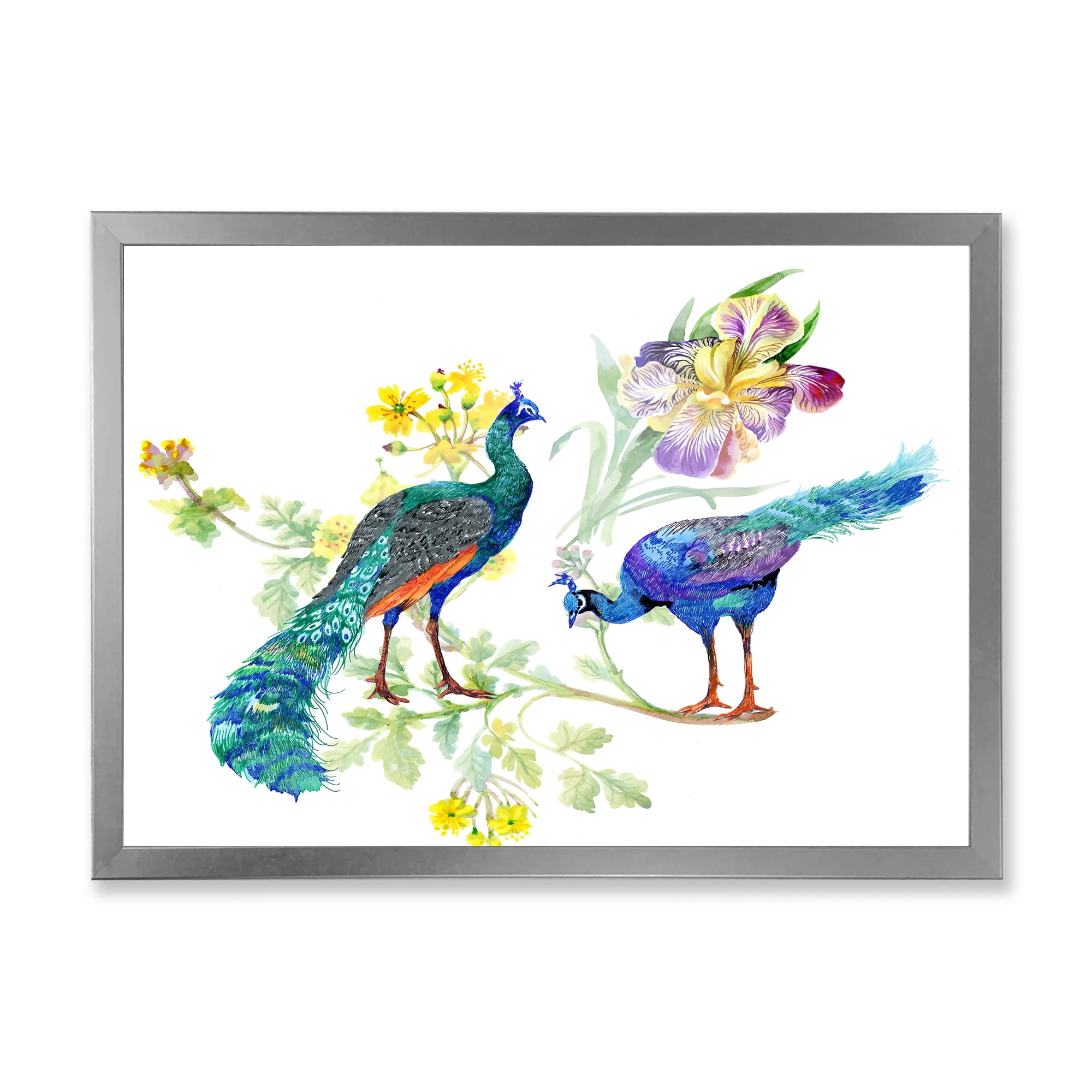 Designart 'Iris Flowers and Peacocks' Traditional Framed Art Print