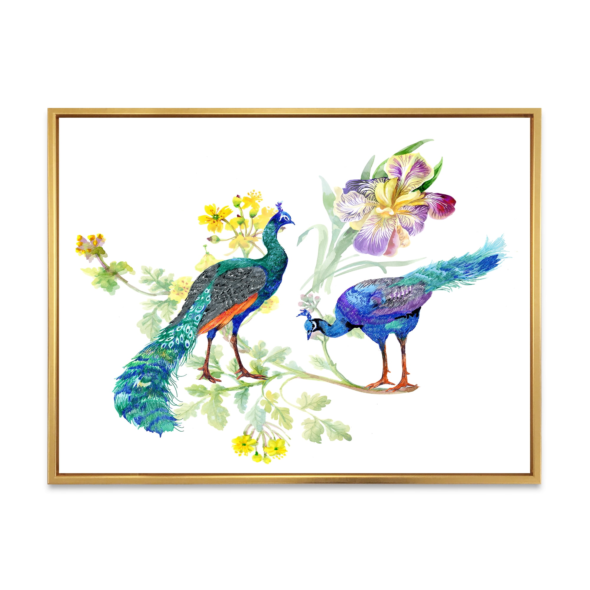 Designart 'Iris Flowers and Peacocks' Traditional Framed Canvas Wall Art Print