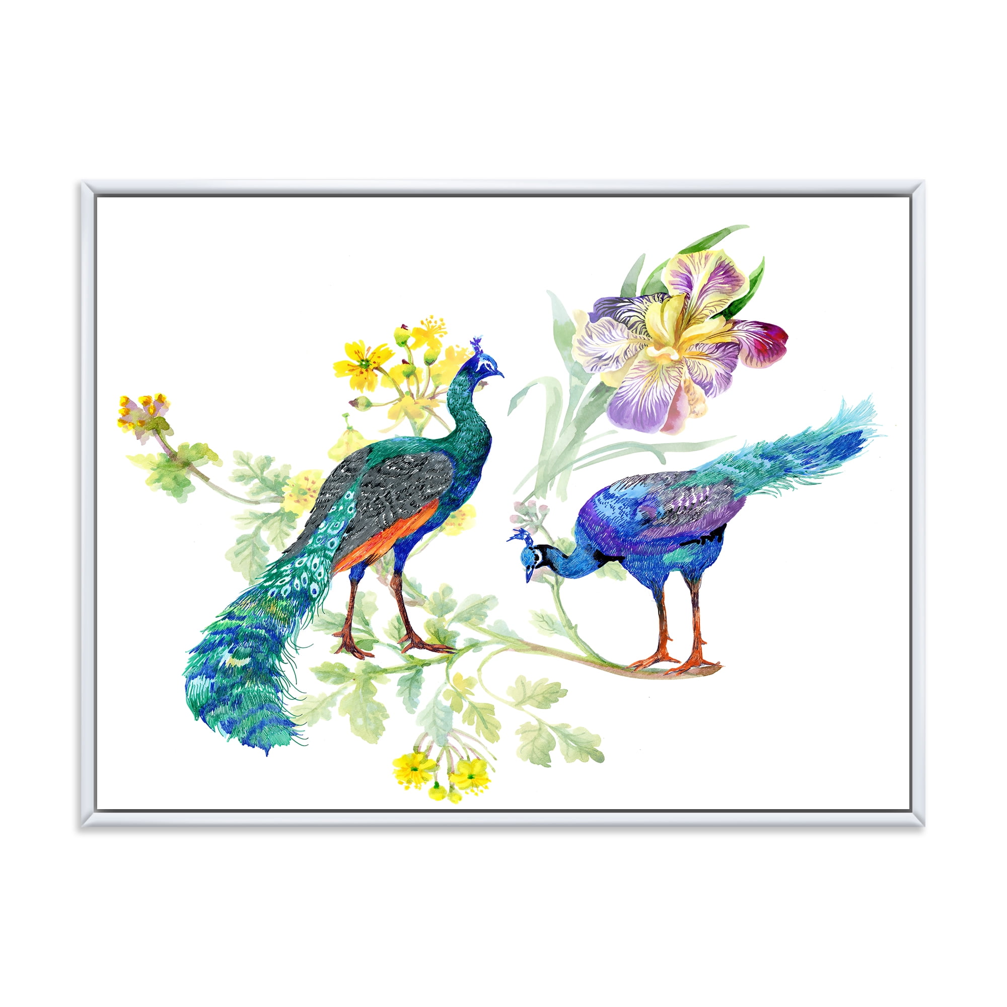 Designart 'Iris Flowers and Peacocks' Traditional Framed Canvas Wall Art Print