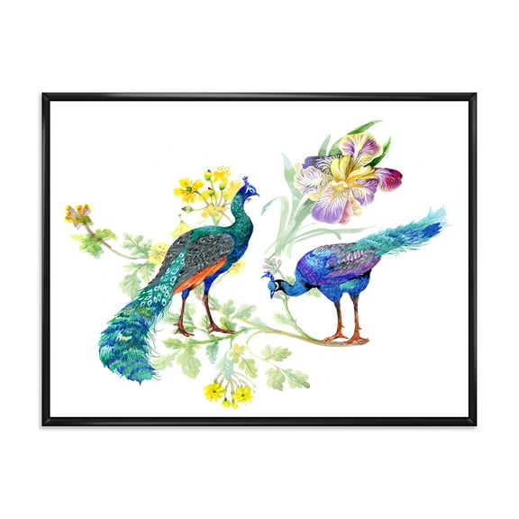 Designart 'Iris Flowers and Peacocks' Traditional Framed Canvas Wall Art Print