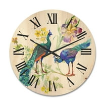 Designart 'Iris Flowers and Peacocks' Traditional Wood Wall Clock