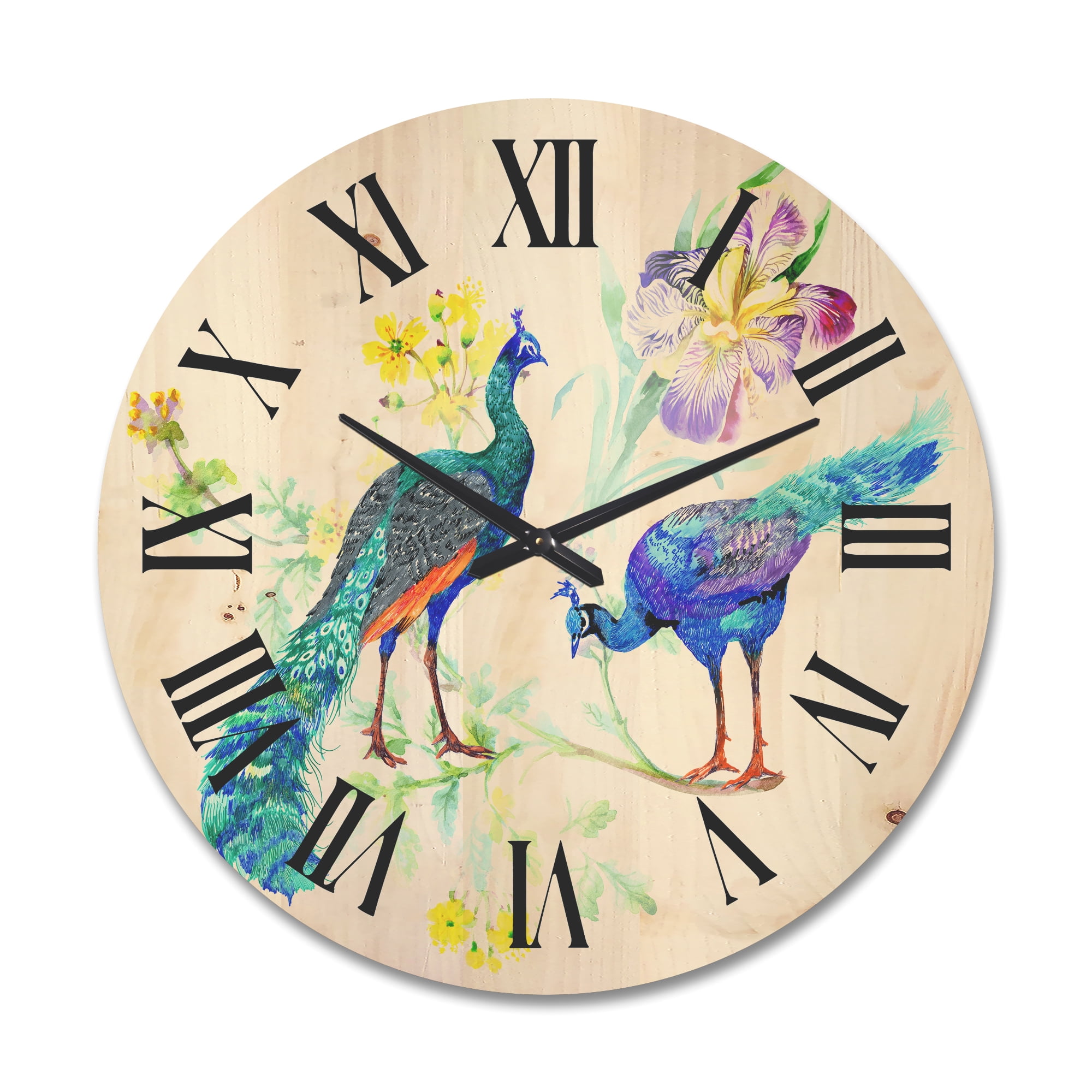 Designart 'Iris Flowers and Peacocks' Traditional Wood Wall Clock