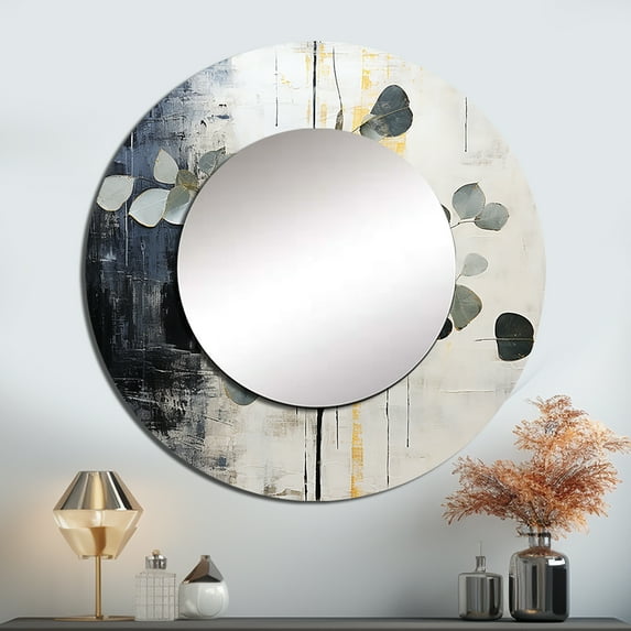Designart "Iron Ivy Leaves In Monochrome" Leaves Round Mirror Wall Decor Traditional - Large Green Round Office Mirror - Round Mirror - 29" x 29"
