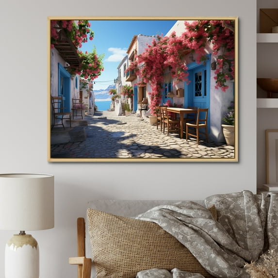 Designart "Island Rhapsody Greece Greek painting" Landscapes Floater Framed Wall Decor