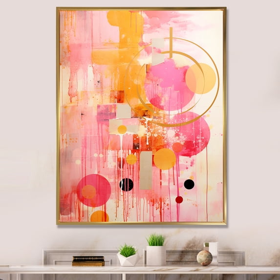 Designart "Island Sunrise Pink Gold Collage" Abstract Framed Wall Art - Modern Pink Abstract Collages Entryway Framed Wall Art Print