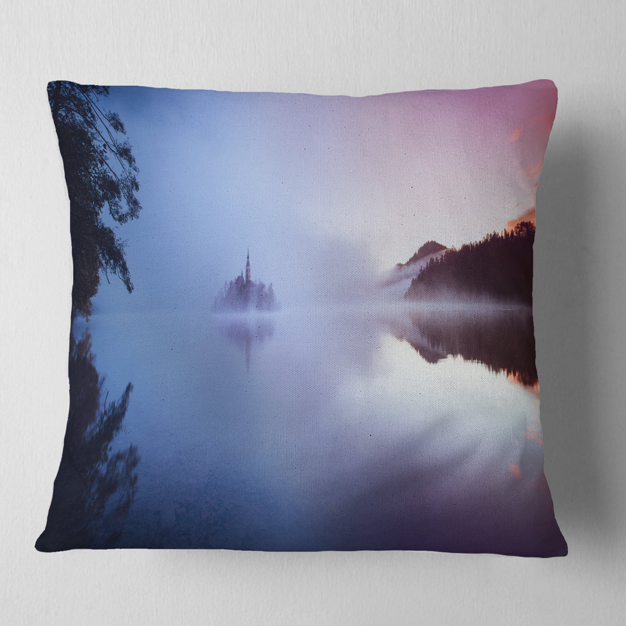 Designart Island with Old Church in Bled City - Landscape Printed Throw Pillow - 18x18