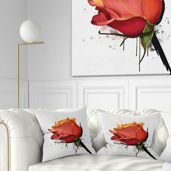 Designart Isolated Red Rose Watercolor Sketch - Floral Throw Pillow - 16x16