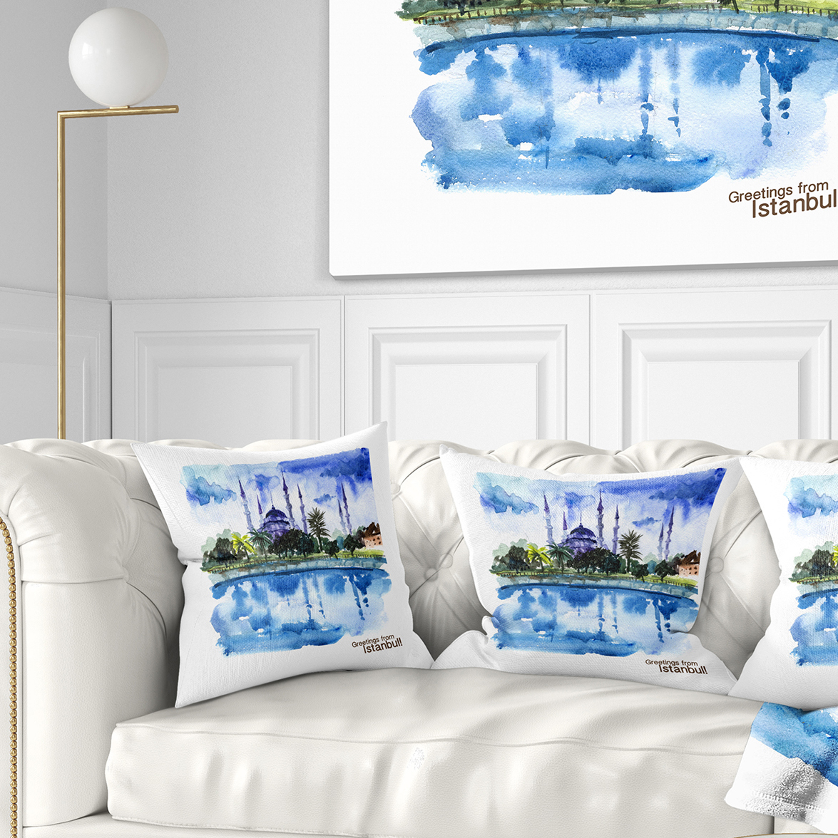 Designart Istanbul Hand drawn Illustration - Cityscape Painting Throw Pillow - 16x16