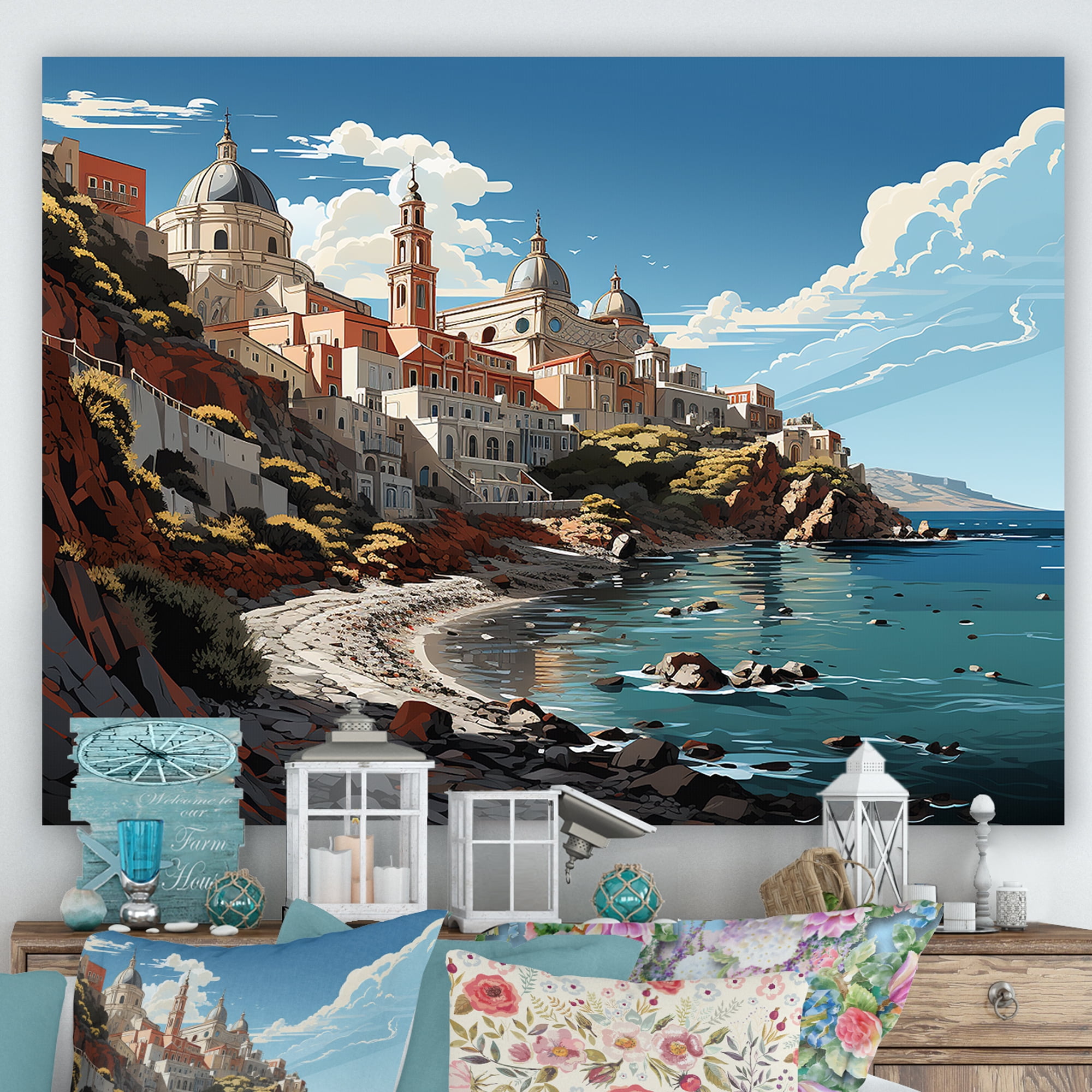 Italian Coastal Village Blue Landscape Canvas Art on Pine Frame