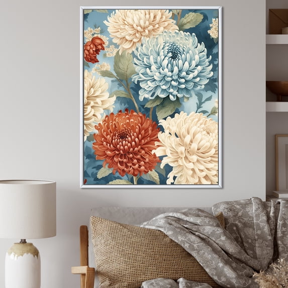 Designart "Ivory And Azure Chrysanthemum Orchestra" Chrysanthemums Floater Framed Canvas Wall Art