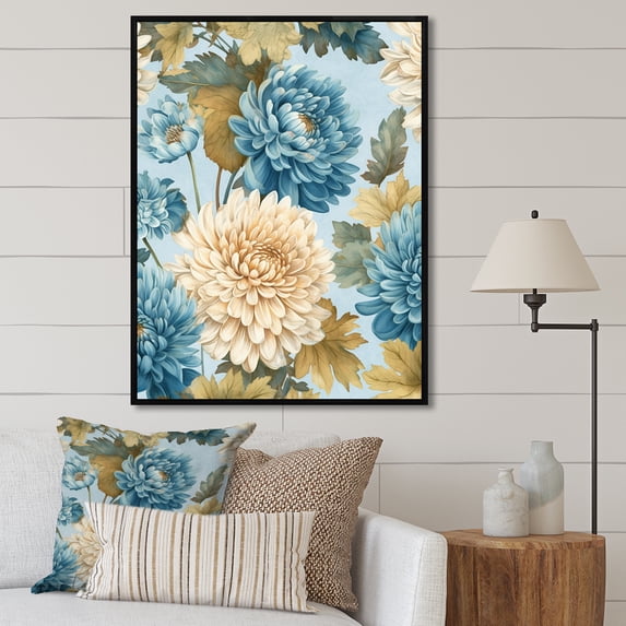 Designart "Ivory And Azure Chrysanthemum Orchestra I" Chrysanthemums Floater Framed Canvas Prints