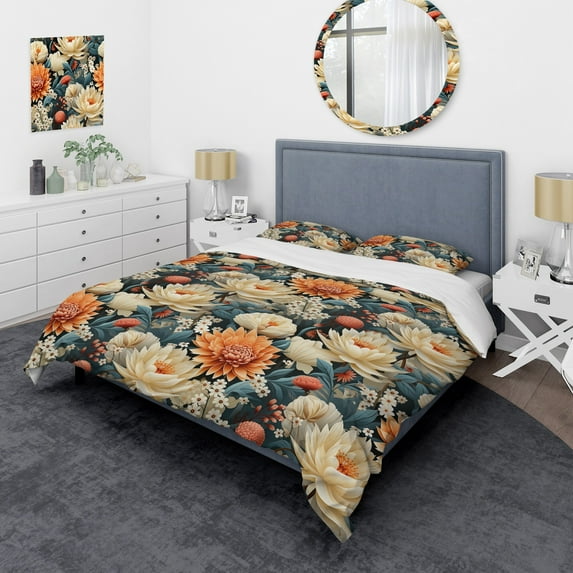 Designart "Ivory Blue Floral Playfulness II" Floral Bedding Covert Set - Cottage Bed Set With 1 Sham