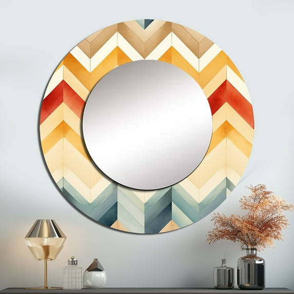 Designart "Ivory Boho Retro" Chevron Beige Large Round Mirror - Round Bedroom Mirror Wall Decor - Glam Round Printed Mirror - 36" x 36"