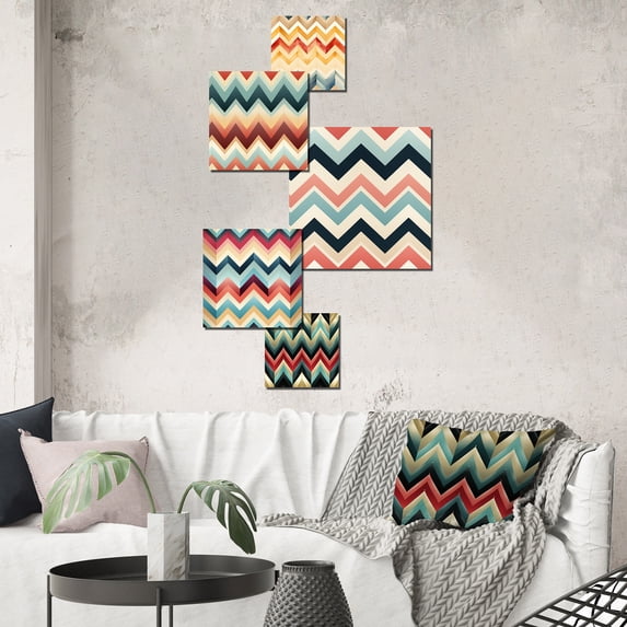 Designart "Ivory Boho Retro" Chevron Wall Art Set Of 5 - Beige Glam Wall Living Room Decor Set
