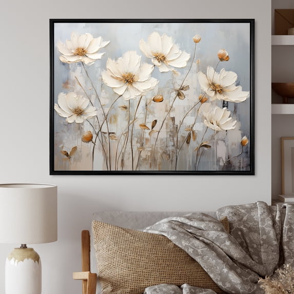 Designart "Ivory Buttercups On Neutral Simplicity" Buttercups Floater Framed Canvas Wall Art