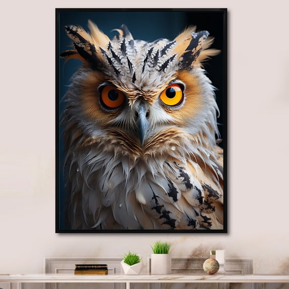Designart "Ivory Gold Creature Nightbird" Animals Floater Framed Canvas Wall Art