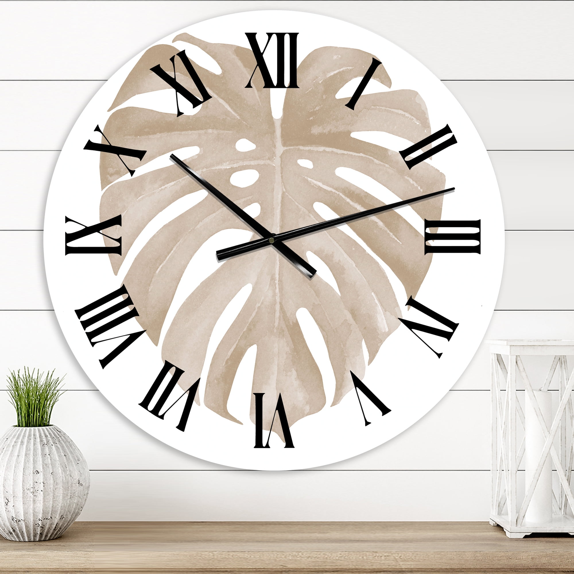 Designart 'Ivory Pastel Monstera Heart Shaped Tropical Leaf' Traditional Wall Clock