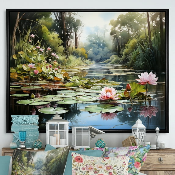 Designart "Jade Lotus China Art painting I" Chinese Floater Framed Wall Art Living Room