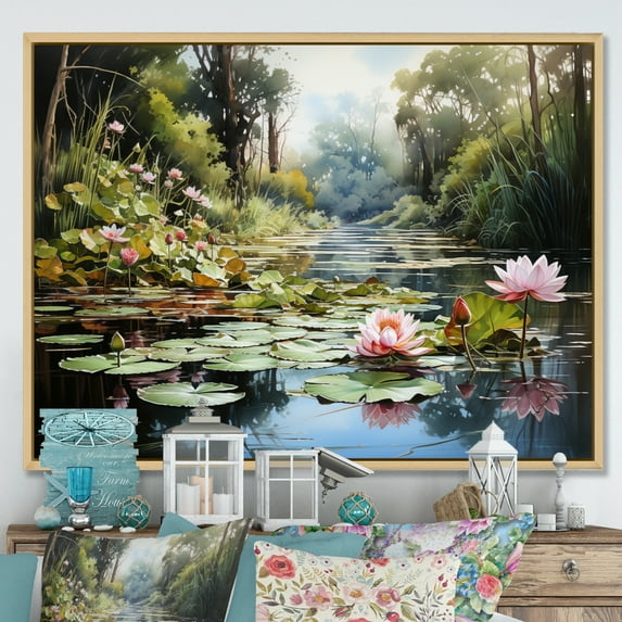 Designart "Jade Lotus China Art painting I" Chinese Floater Framed Wall Art Living Room
