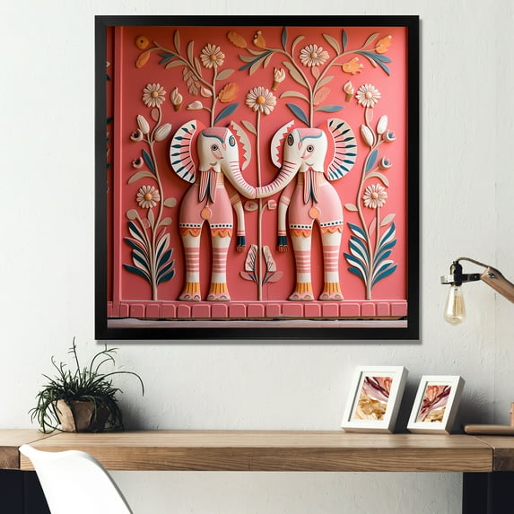 Designart "Jaipur Elephants Indian Art I" People Framed Wall Art Decor - Global Pink Indian Art Entryway Framed Wall Art Print
