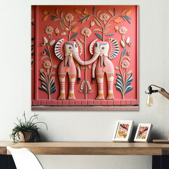 Designart "Jaipur Elephants Indian Art I" People Wall Art - Global Pink Indian Art Entryway Wall Art